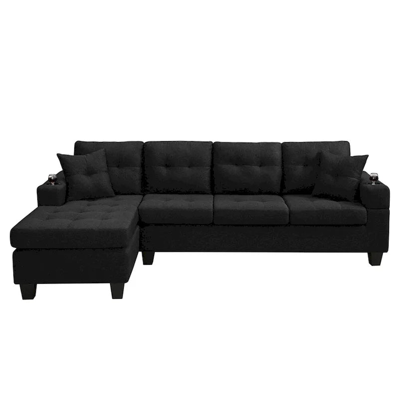 Wohnlandschaft mit L-förmiger Chaiselongue und Getränkehalter