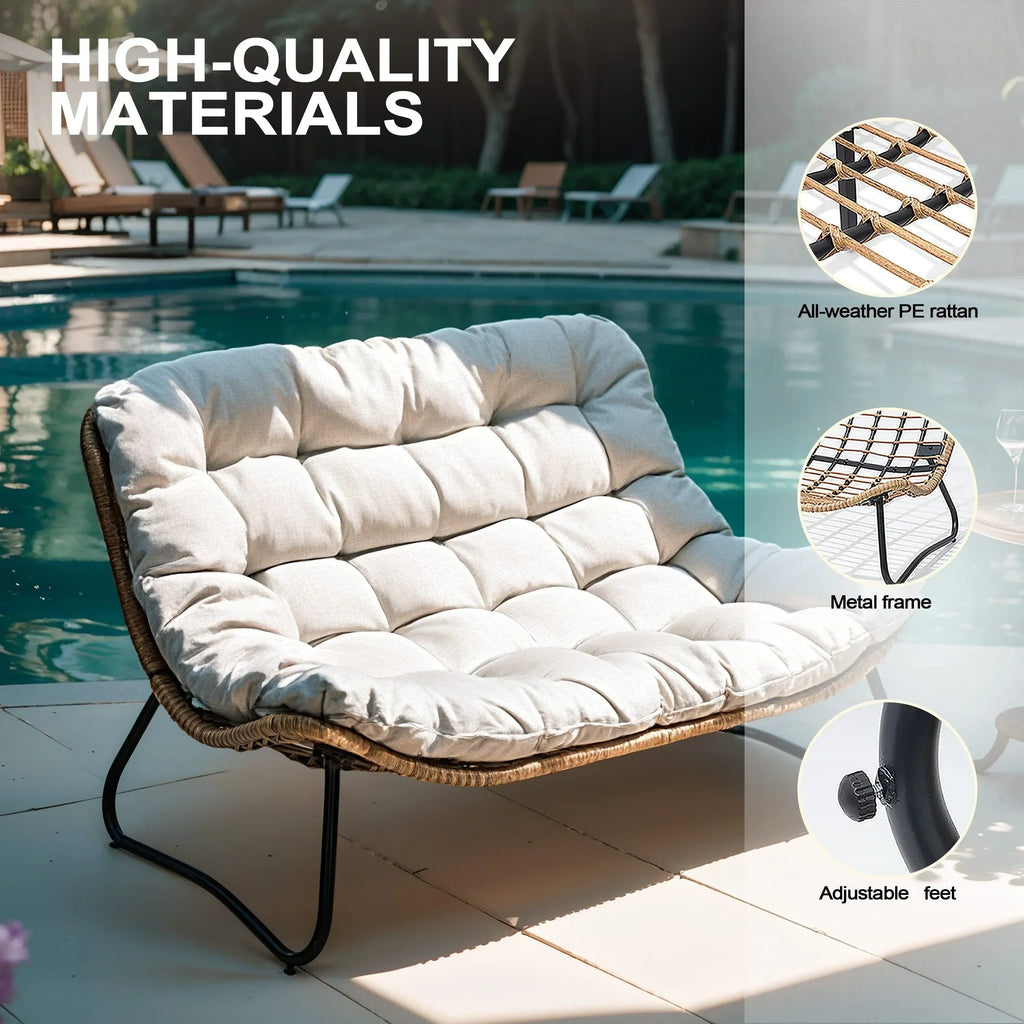 Dubbele papasan-loveseat met kussen, weerbestendig PE-rotan en metalen frame voor binnen en buiten