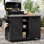 Buitenkeukeneiland van 78.3 inch met roestvrijstalen werkblad, opvouwbaar BBQ-station en opbergkasten, zwart