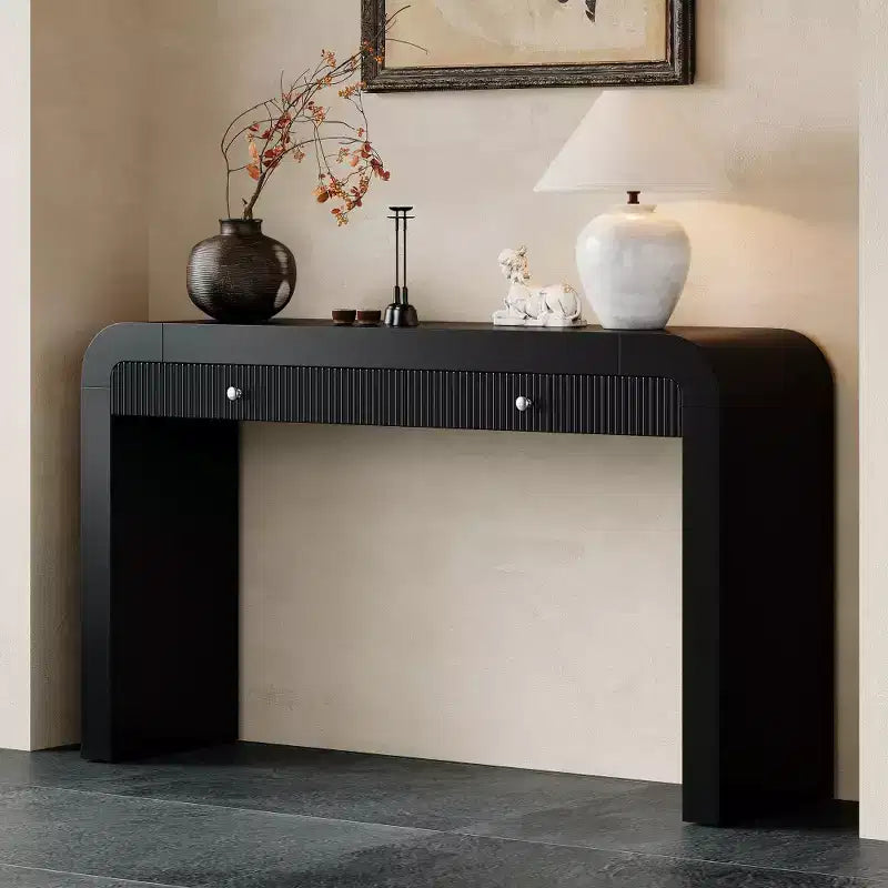 Console rustique Whisen, table d’entrée et table d’appoint avec façade de tiroir cannelée