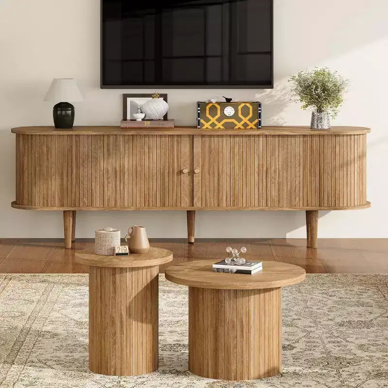 AMERLIFE 70-Zoll-TV-Ständer mit Massivholzbeinen, moderne TV-Konsole im Mid-Century-Stil mit Lamellentür