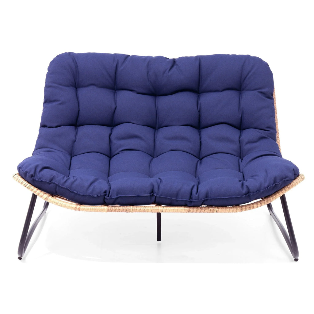 Dubbele papasan-loveseat met kussen, weerbestendig PE-rotan en metalen frame voor binnen en buiten