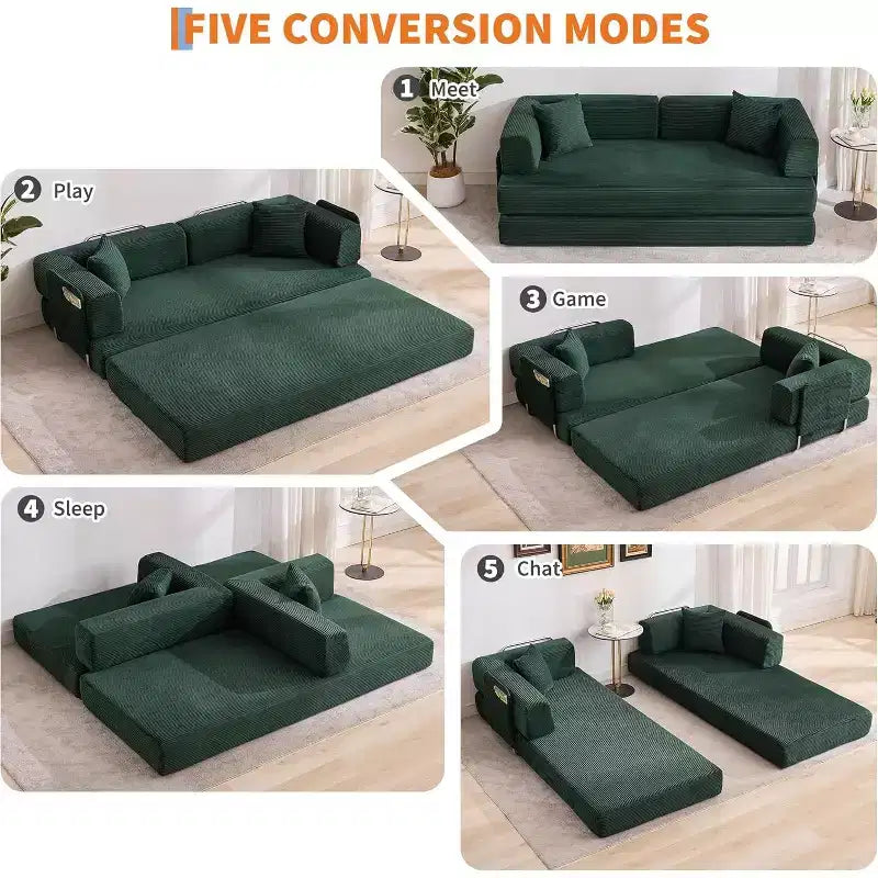 Rozkładana sofa 5 w 1, modułowa sofa do spania z sztruksu o szerokości 78.8 i solidnym stelażu, wielofunkcyjny futon do małych pomieszczeń, salonu i pokoju gościnnego