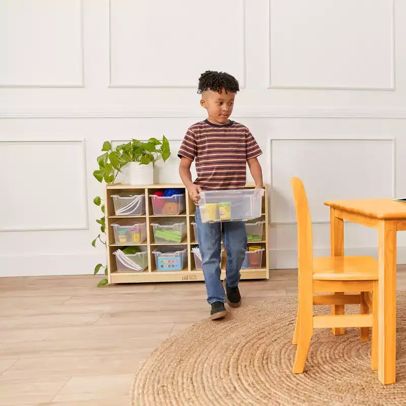 Meuble mobile à casiers avec plateau et 15 bacs à façade incurvée, 3x4, mobilier pour enfants