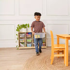 Meuble mobile à casiers avec plateau et 15 bacs à façade incurvée, 3x4, mobilier pour enfants