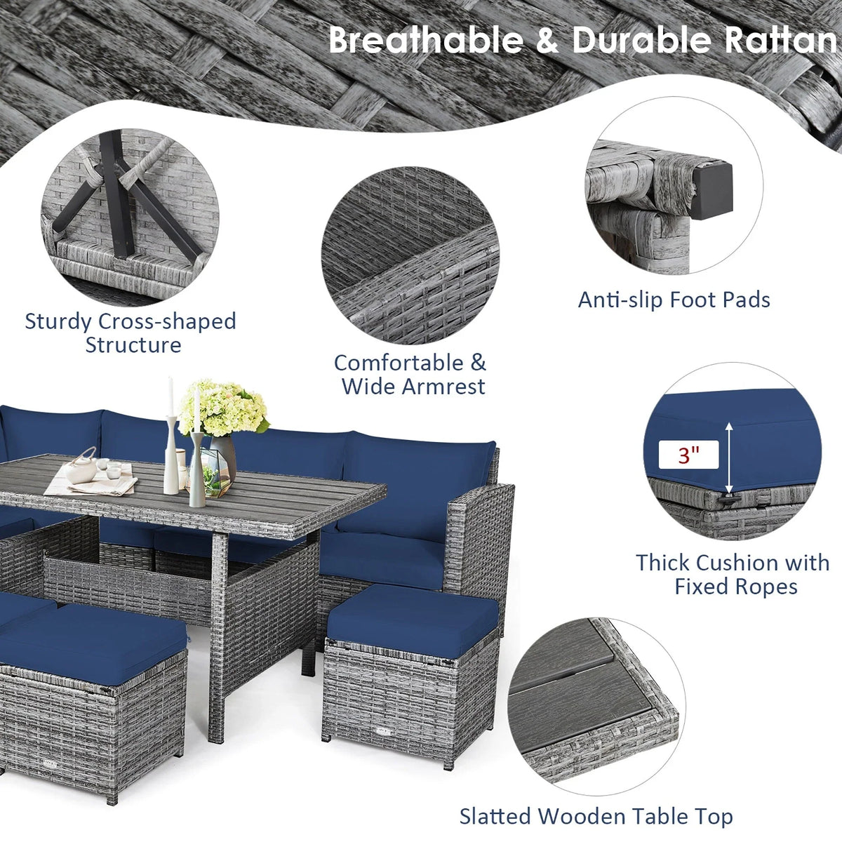 Costway 7-delige diningset van rotan voor het terras, modulaire bank, sofa en voetenbank - bekijk de details