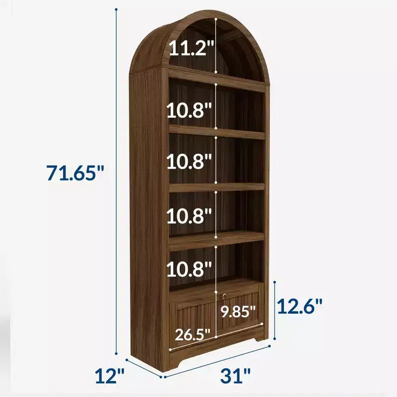 Bibliothèque arquée de 72 pouces avec tiroir de rangement, meuble vitrine moderne en bois à 6 niveaux avec étagères ouvertes et tiroir inférieur, porte d’armoire incurvée