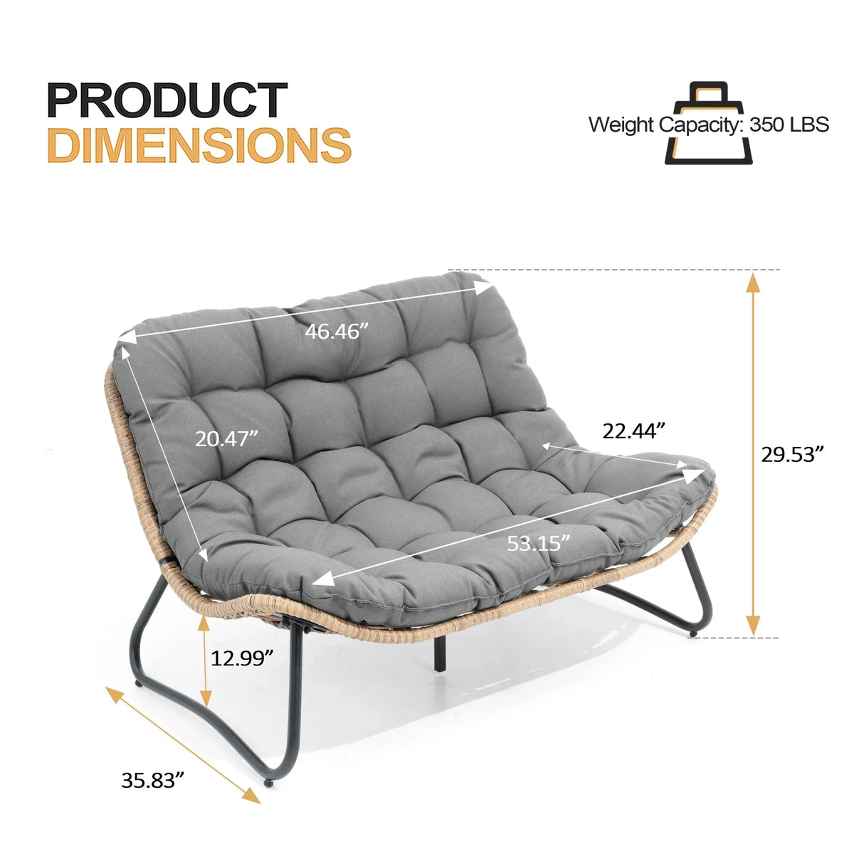 Dubbele papasan-loveseat met kussen, weerbestendig PE-rotan en metalen frame voor binnen en buiten
