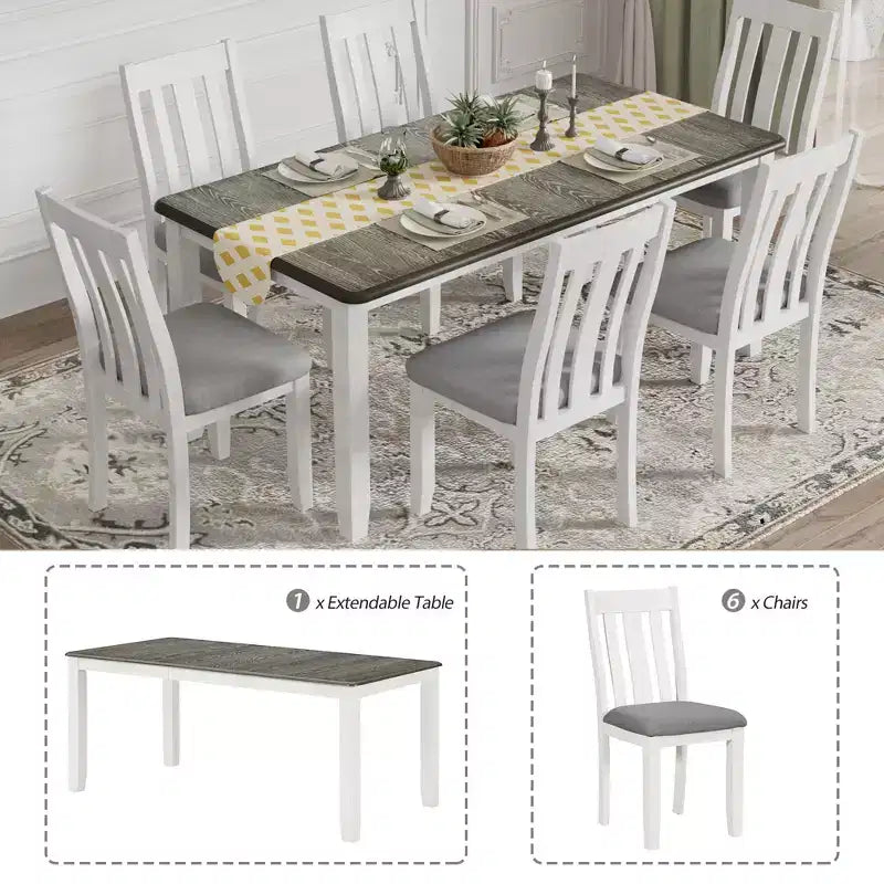 Uitschuifbare eethoekset in landelijke stijl voor 6 personen, rechthoekige tafel en 6 gestoffeerde stoelen