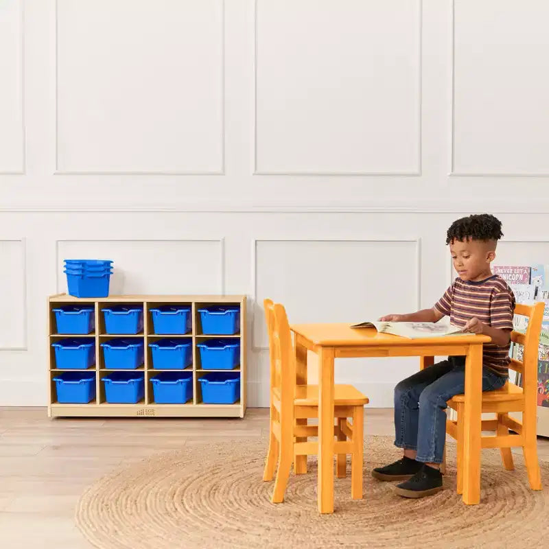 Meuble mobile à casiers avec plateau et 15 bacs à façade incurvée, 3x4, mobilier pour enfants