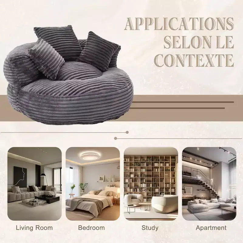 Sofa typu bean bag dla dorosłych i dzieci, duży fotel typu bean bag z sztruksu, 3 poduszkami i podłokietnikami do salonu lub sypialni