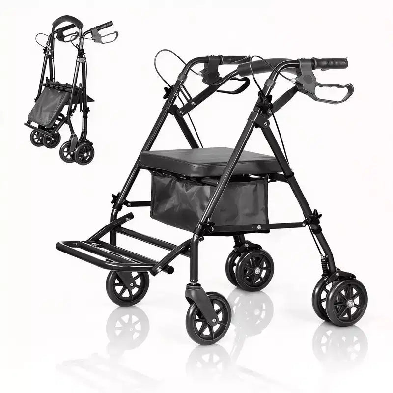 Tragbarer, zusammenklappbarer Rollstuhl für Erwachsene, Tragkraft 299lb, 6 Räder, höhenverstellbar, Stauraum unter dem Sitz, bequemer Sitz und Fußpedale