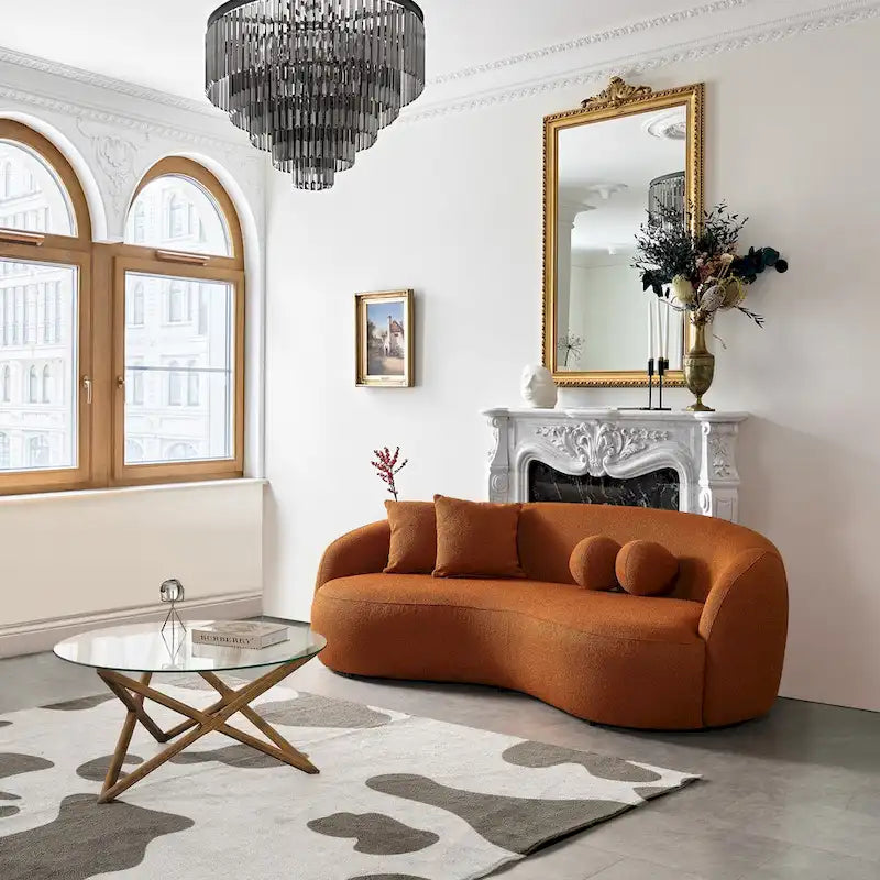 Blaine luxe, moderne gebogen bank van boucléstof in Japandi-stijl