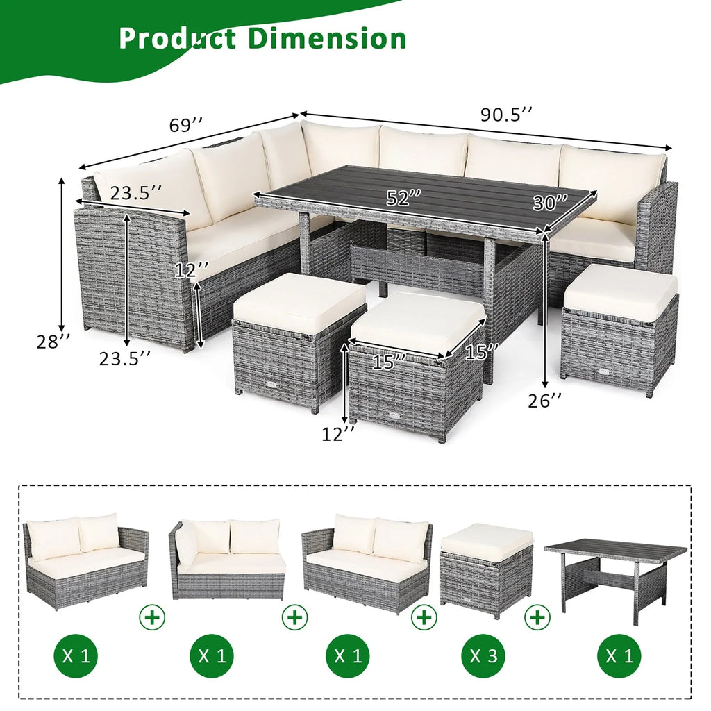 Costway 7-delige diningset van rotan voor het terras, modulaire bank, sofa en voetenbank - bekijk de details