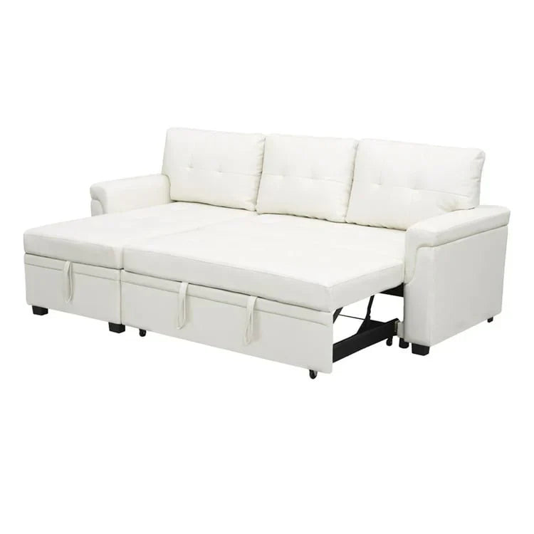 Canapé d’angle convertible et réversible avec lit escamotable, méridienne avec rangement dissimulé et pieds robustes