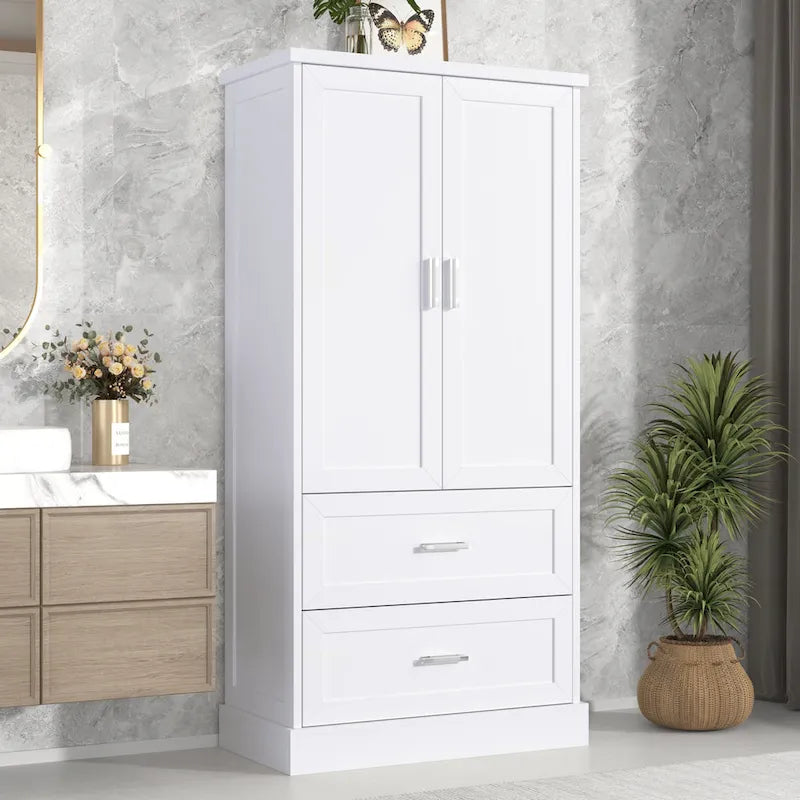 Hoher Badezimmerschrank mit zwei Türen und Schubladen, verstellbarem Einlegeboden und MDF-Platte