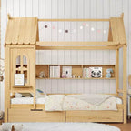 Huisbed met opberglades en raam, frame van massief hout met planken, speels kinderontwerp, lichtwit