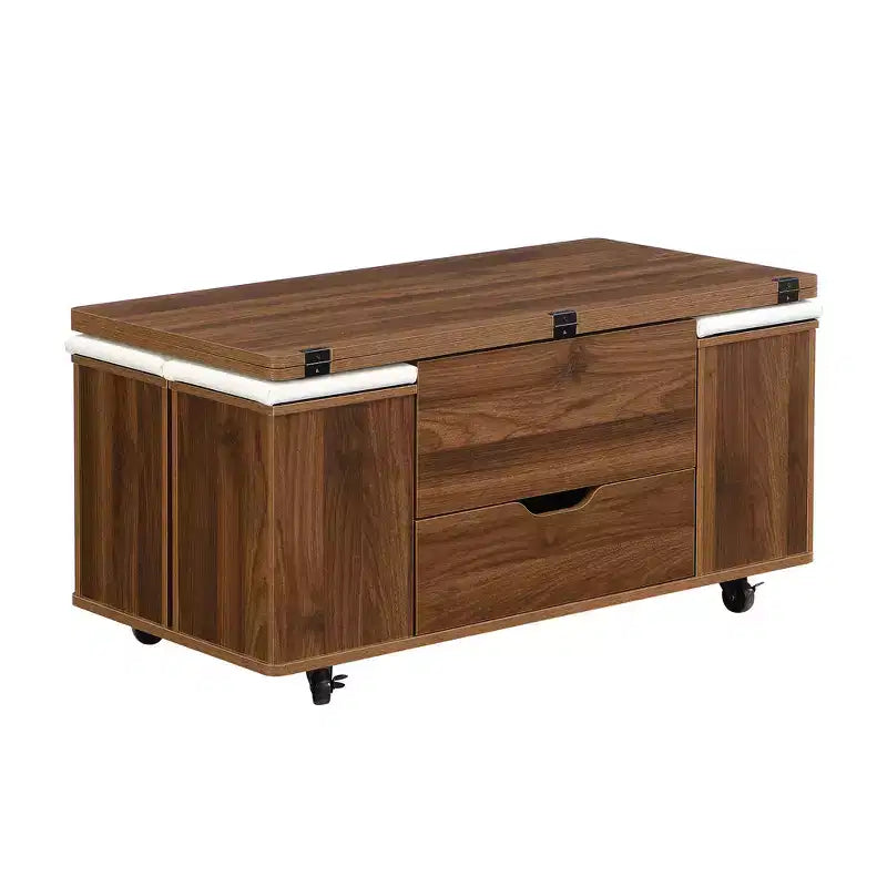 Multifunktionaler moderner Couchtisch mit Hubplatte und verstecktem Stauraum, 4 Hockern und Rollen, perfekt für moderne Wohnräume