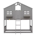 Twin Size House-Shaped Loft Bed, Wood Playhouse Loft Bed with Ladder & Guardrails for Kids