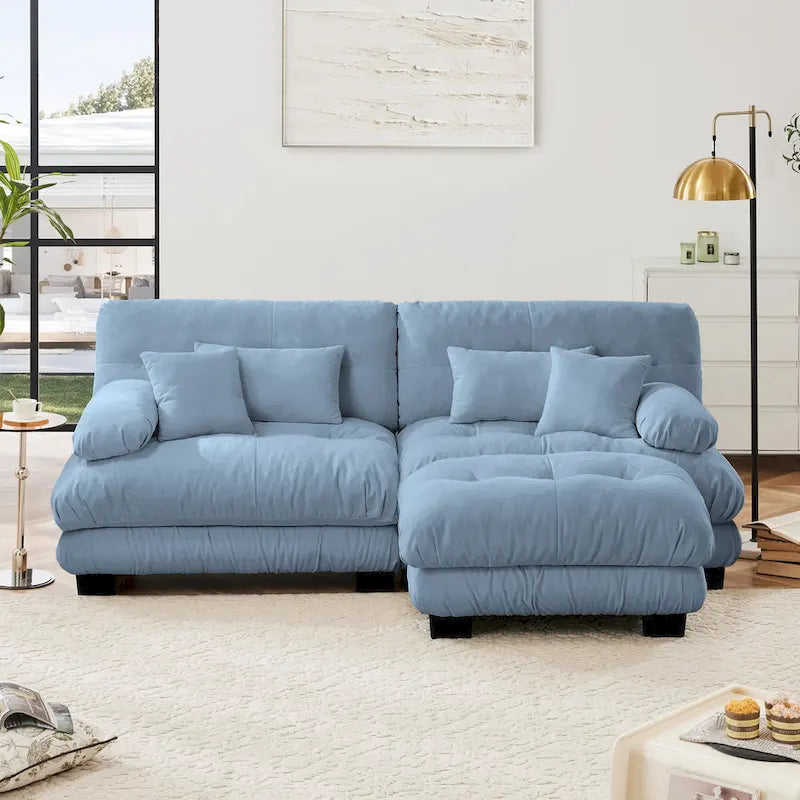L-vormige loveseat, hoekbank van chenille met lendenkussens