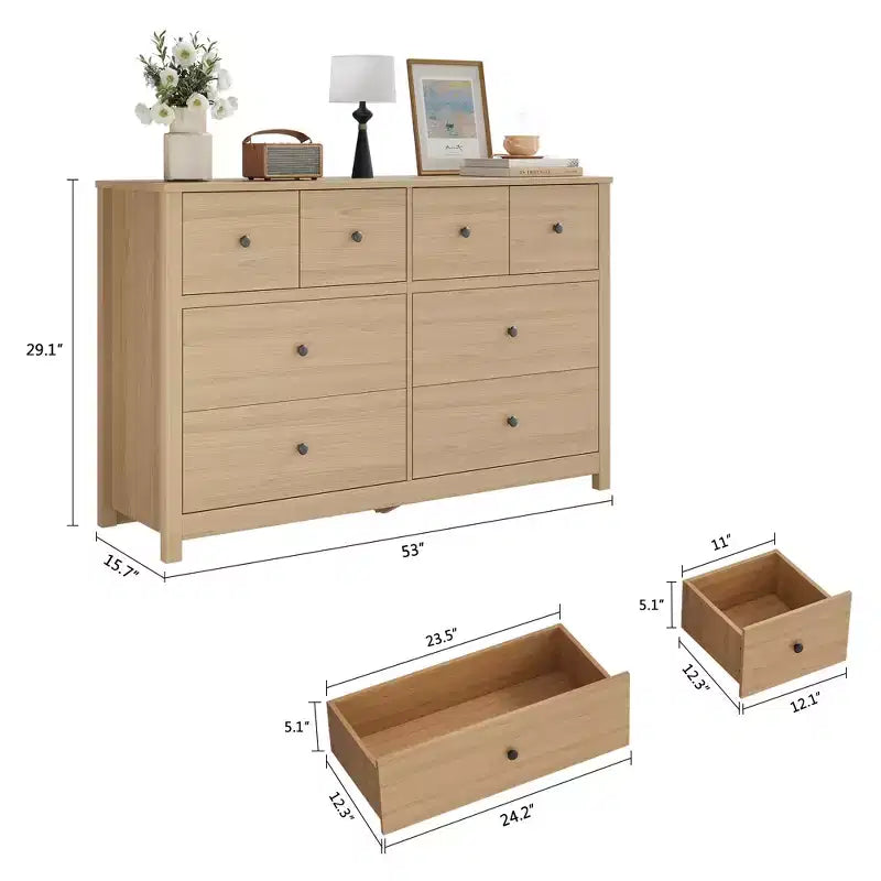 Moderne Kommode mit 8 Schubladen fürs Schlafzimmer, breite Holzkommode mit tiefem Stauraum, freistehender Ordnungsschrank für das Wohnzimmer