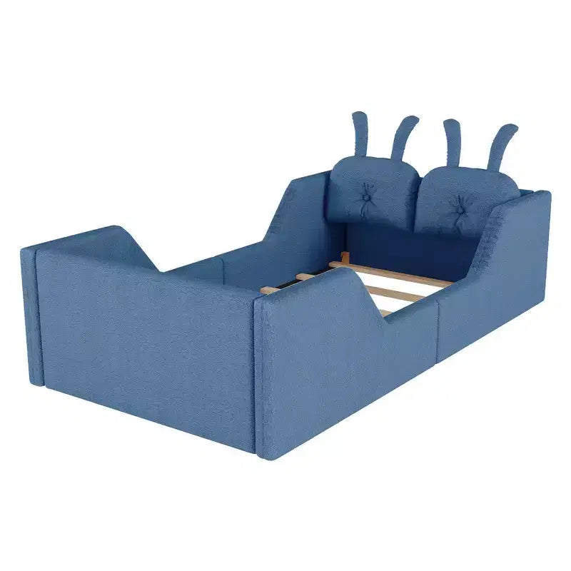 Lit plateforme simple Whisen, cadre de lit rembourré pour enfant au ras du sol avec coussin lapin et barrières latérales amovibles