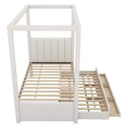Polsterbett mit Himmelgestell in Full Size aus Leinen, mit Ausziehbett und drei Schubladen