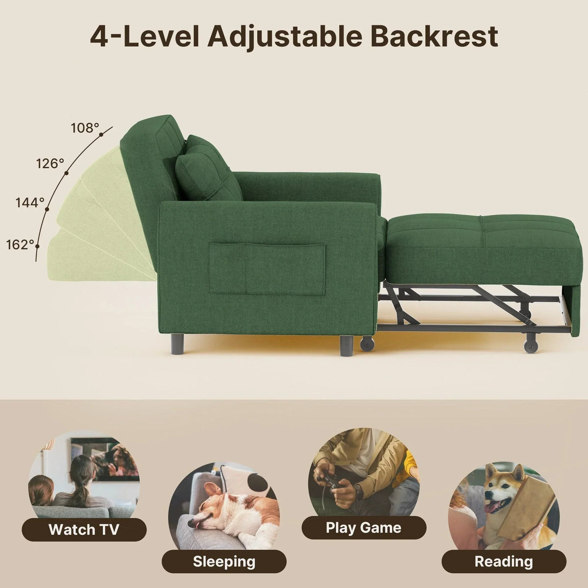 Canapé-lit convertible 3 en 1 avec réglage ajustable, fauteuil-canapé avec lit escamotable, lit pliant convertible pour le salon
