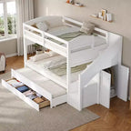 Whisen XL-Etagenbettgestell mit Ausziehbett, Etagenbett mit Stauraum, Etagenbett aus Massivholz, Stauraumtreppe, Kleiderschrank, 3 Schubladen, für Kinder