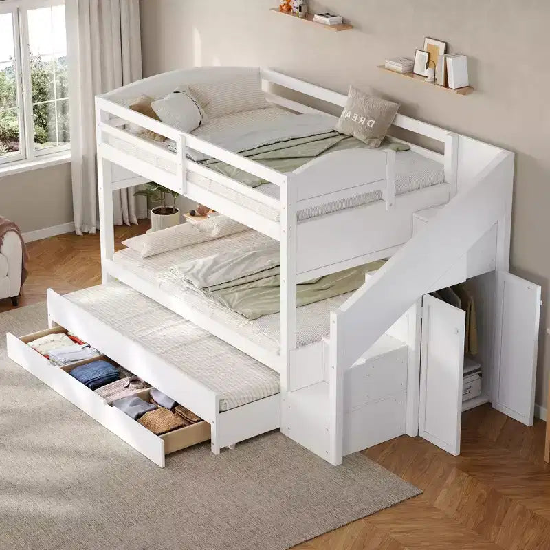 Whisen XL-Etagenbettgestell mit Ausziehbett, Etagenbett mit Stauraum, Etagenbett aus Massivholz, Stauraumtreppe, Kleiderschrank, 3 Schubladen, für Kinder