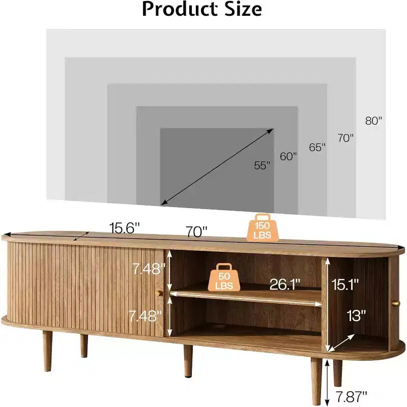 AMERLIFE 70-Zoll-TV-Ständer mit Massivholzbeinen, moderne TV-Konsole im Mid-Century-Stil mit Lamellentür
