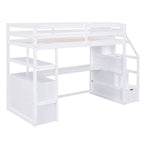 Twin Size Loft Bed with Desk and Shelves, Two Built-in Drawers, Storage Staircase