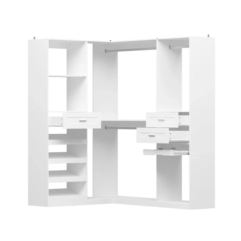 Armoire d’angle avec 2 tringles à vêtements, porte-pantalons et rangement à chaussures