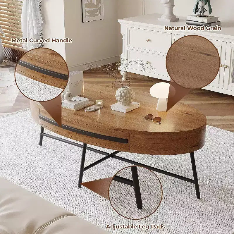 Acekool ovale salontafel met lade, houten opbergtafel van 47.2 met metalen kruispoten, modern tafelblad uit het midden van de vorige eeuw in naturel en gouden wilg