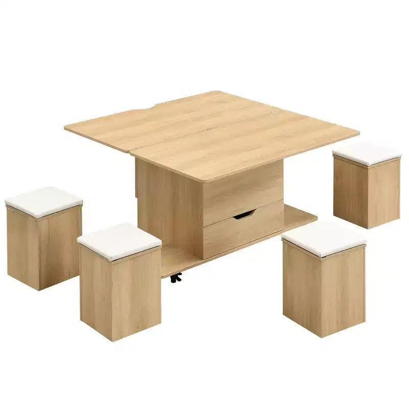 Multifunktionaler moderner Couchtisch mit Hubplatte und verstecktem Stauraum, 4 Hockern und Rollen, perfekt für moderne Wohnräume