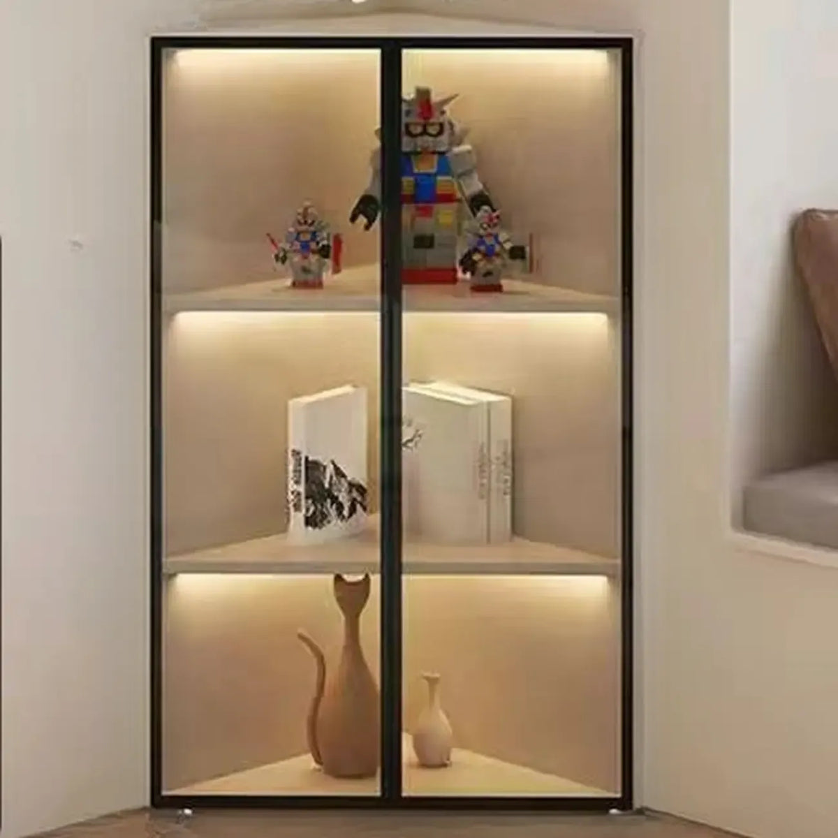 Vitrine d'angle moderne en métal et bois gris avec porte vitrée