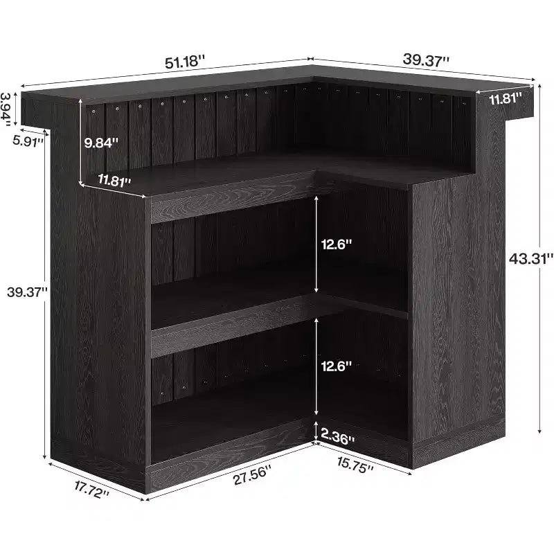 Lantine L-vormige thuisbar, hoekbartafel met 4 niveaus, opbergplanken en wijnglashouder voor thuisbar
