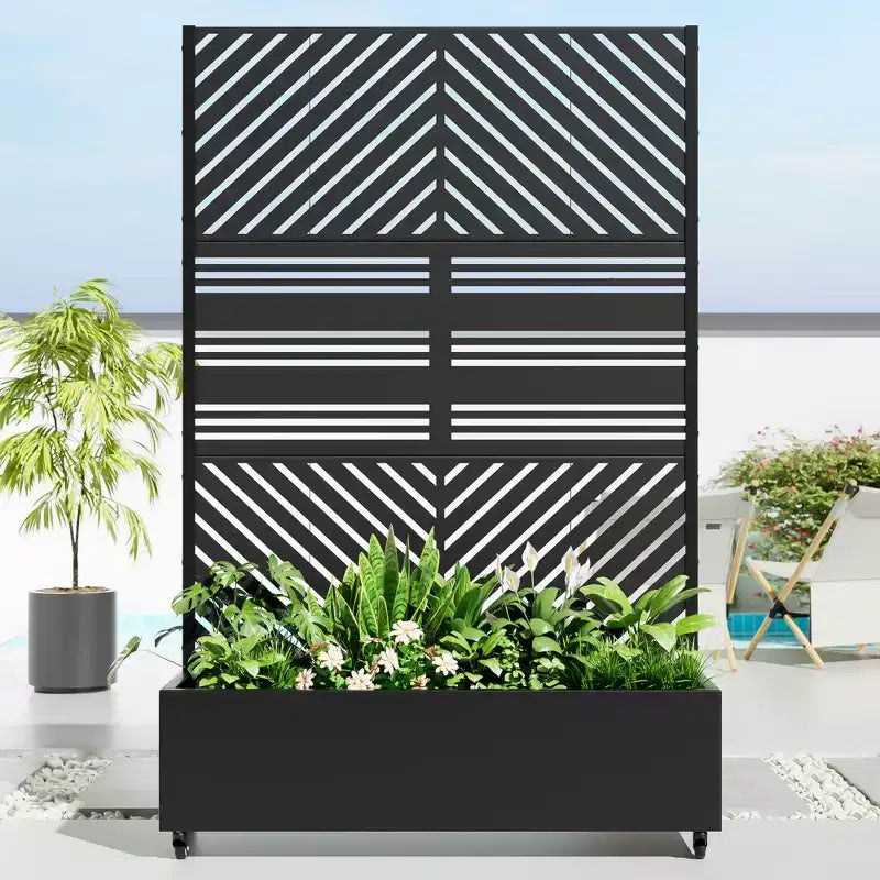 MAYEERTY Pflanzkasten mit Rankgitter, Eisen, Schwarz, Parallel Line 01, Lamellen, klassischer Kombinationsstil, 72x47x16in, 3-teiliges Set