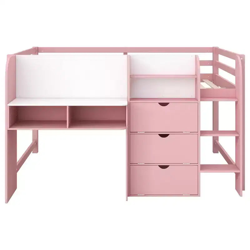 Pink/White Low Loft Bed with Desk, Storage & Whiteboard ?C Twin, 1-Person