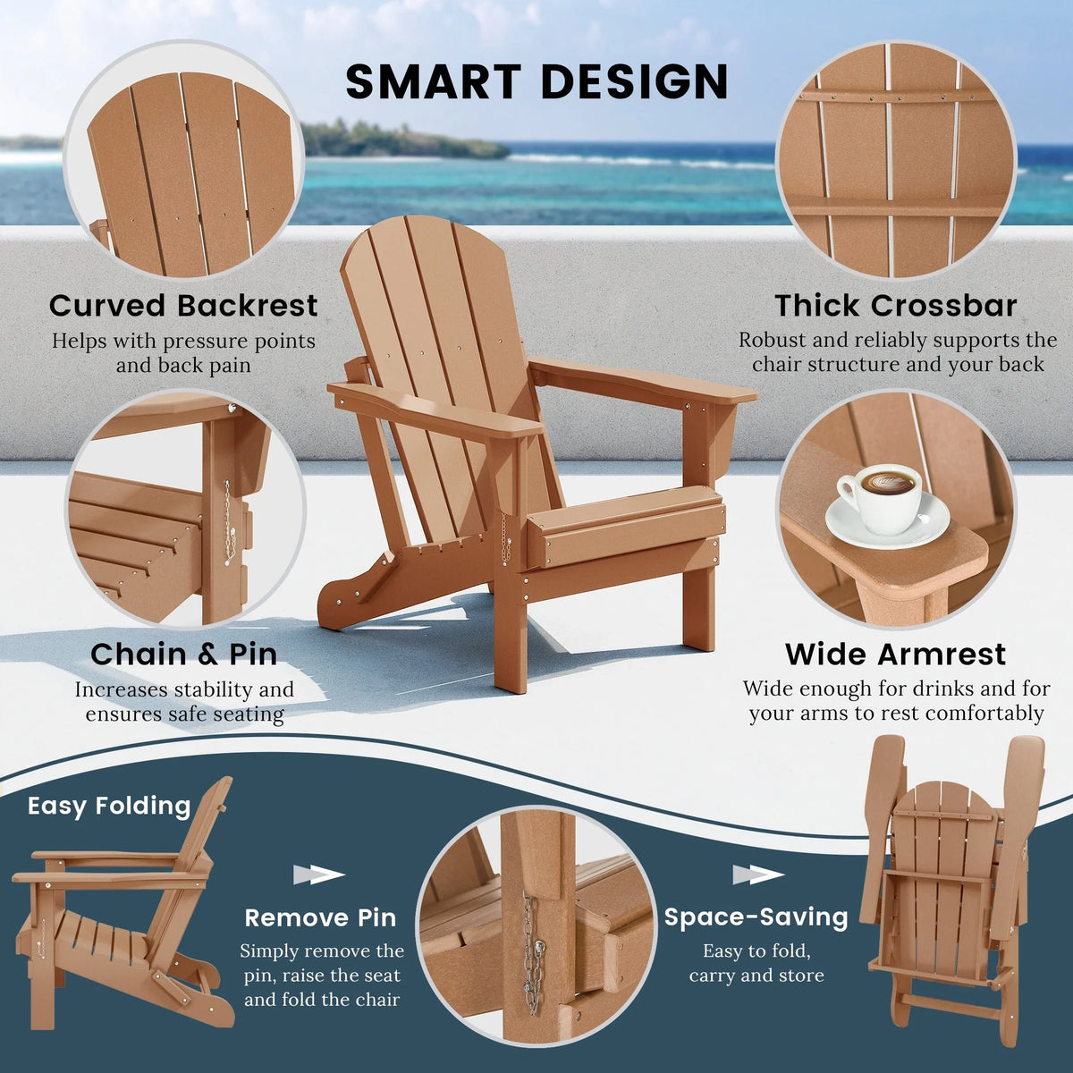 Polytrends Laguna, kleurvaste, weerbestendige, inklapbare Adirondackstoel voor buiten op het terras