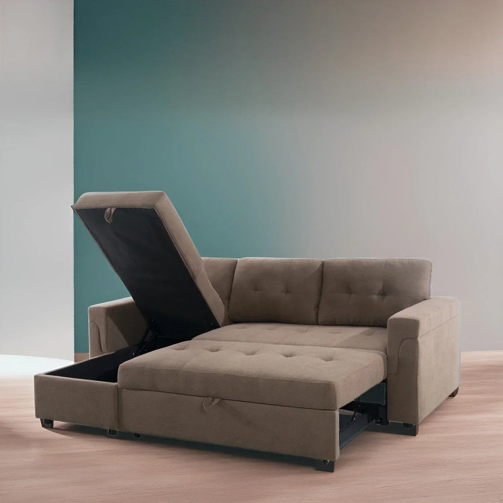 Canapé d’angle convertible et réversible avec lit escamotable, méridienne avec rangement dissimulé et pieds robustes