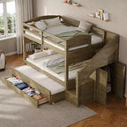 Whisen XL-Etagenbettgestell mit Ausziehbett, Etagenbett mit Stauraum, Etagenbett aus Massivholz, Stauraumtreppe, Kleiderschrank, 3 Schubladen, für Kinder