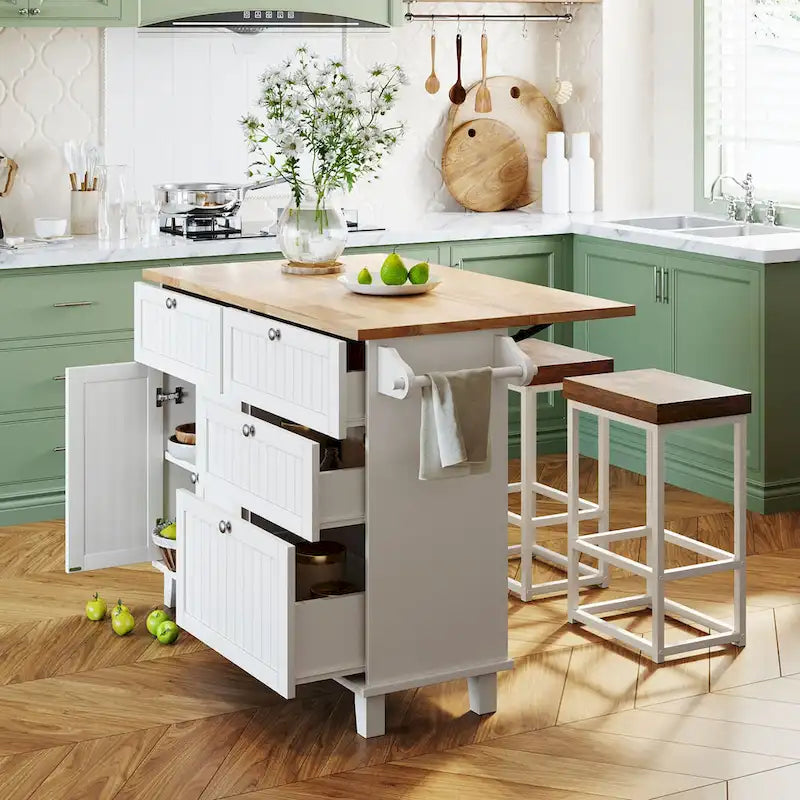 TOPMAX keukeneilandset met uitklapbaar blad en 2 zitplaatsen, eettafelset met verstelbare plank, laden en handdoekrek