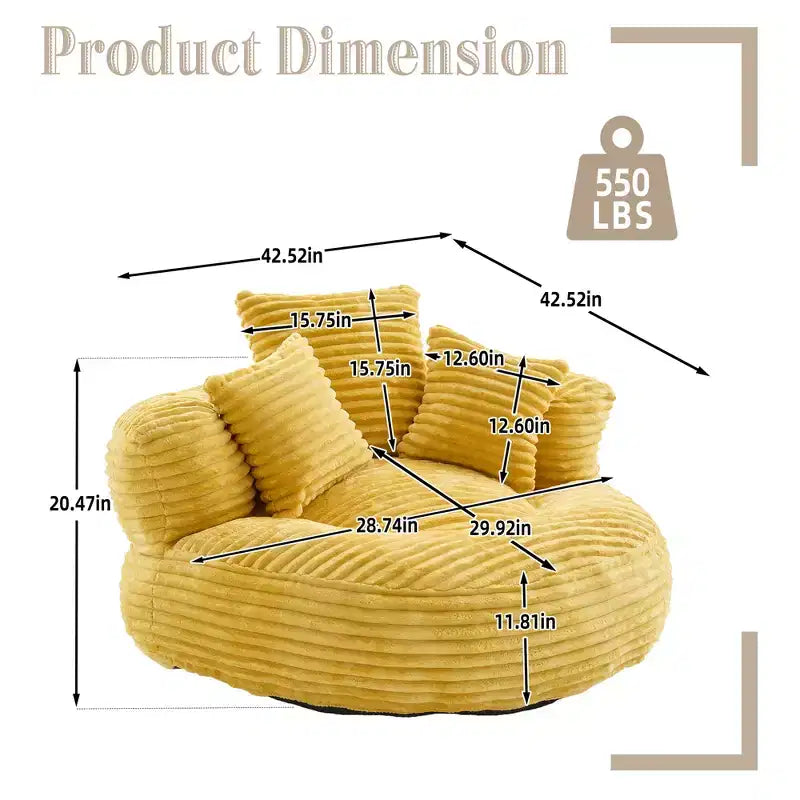 Sofa typu bean bag dla dorosłych i dzieci, duży fotel typu bean bag z sztruksu, 3 poduszkami i podłokietnikami do salonu lub sypialni