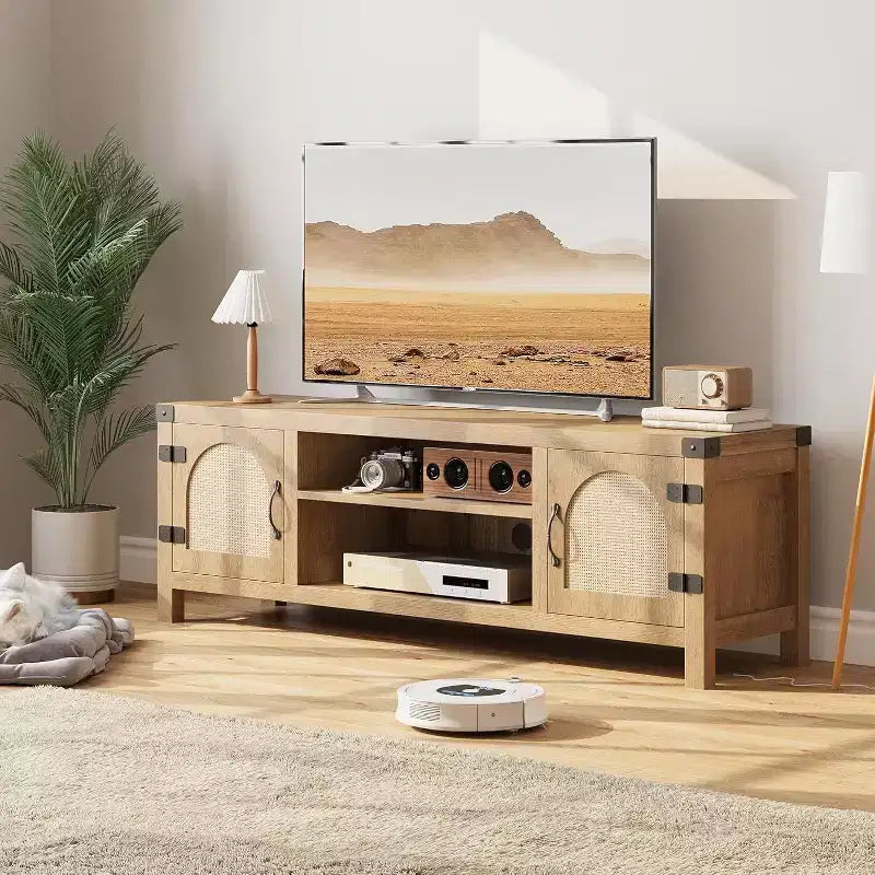 65-Zoll-TV-Ständer im Bohème-Stil mit Rattantür - Unterhaltungscenter aus Holz mit zwei Schränken und verstellbaren Einlegeböden, geeignet für Wohnzimmer