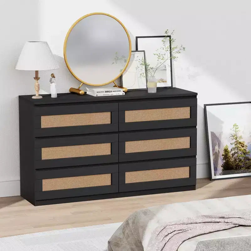Rattan-Kommode fürs Schlafzimmer mit 6 Schubladen, 47 breite Kommode im modernen Landhausstil, Holz-Aufbewahrungsschrank und Organizer für Kleiderschrank, Wohnzimmer und Flur