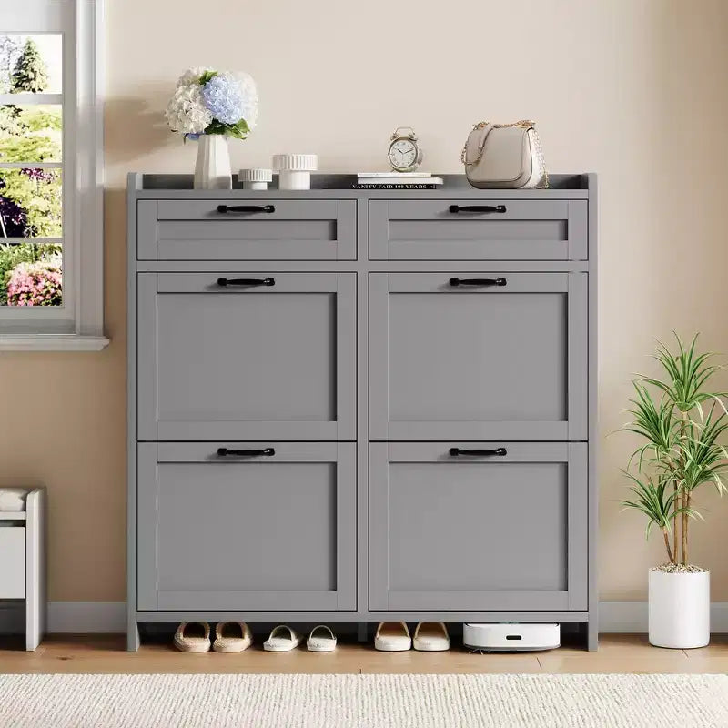 Schoenenkast met 4 klepdeuren en 2 bovenladen, houten schoenenkast met verstelbare plank, vrijstaand schoenenopbergmeubel