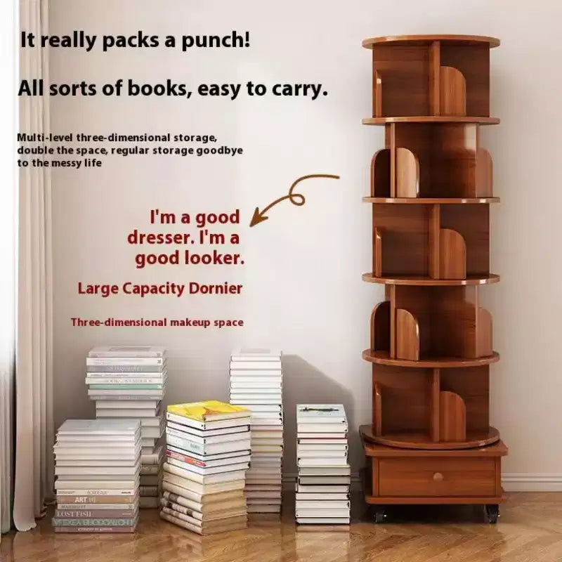 Chic Crate 6-stufiges, um 360° drehbares Eckbücherregal mit Rollen, schmales Bücherregal für kleine Räume, walnussbraun