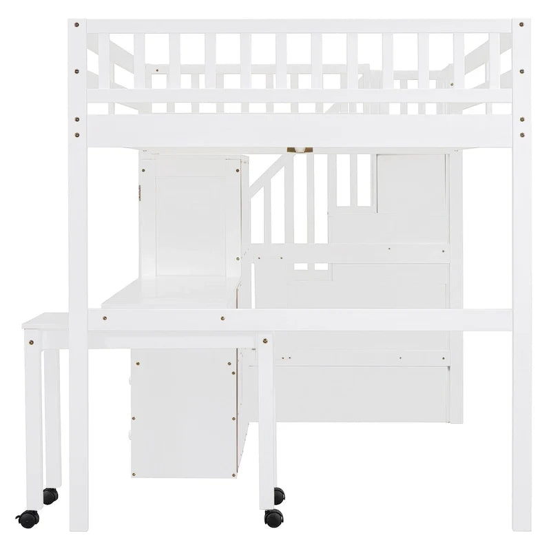 Hochbett in voller Größe mit Treppe, Bücherregal, Schreibtisch und Kleiderschrank - platzsparendes Multifunktionsmöbel für Kinder und Teenager-weiß