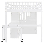 Hochbett in voller Größe mit Treppe, Bücherregal, Schreibtisch und Kleiderschrank - platzsparendes Multifunktionsmöbel für Kinder und Teenager-weiß